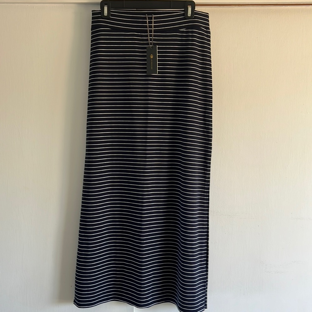 Navy and white pinstripe maxi skirt